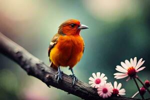uma pequeno laranja pássaro é sentado em uma ramo com flores gerado por IA foto