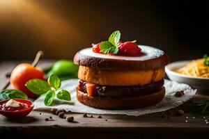 uma Hamburger com queijo, bagas e ervas. gerado por IA foto