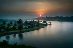 a Sol sobe sobre uma lago dentro a meio do uma floresta. gerado por IA foto