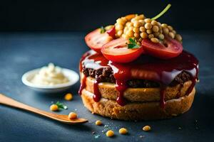 uma hamburguer com tomates e feijões em topo. gerado por IA foto