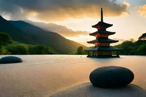 uma pagode senta em a areia dentro frente do uma montanha. gerado por IA foto