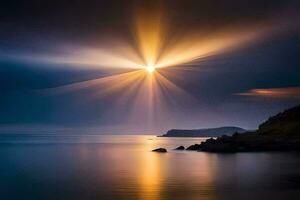 a Sol brilha sobre a oceano e uma barco. gerado por IA foto