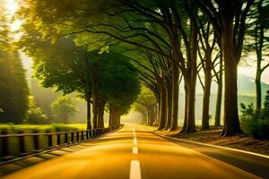 uma estrada com árvores e uma Sol brilhando através a árvores gerado por IA foto