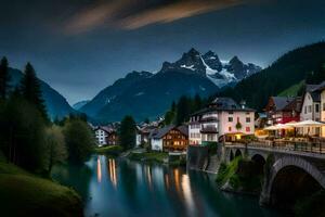 foto papel de parede a céu, montanhas, rio, ponte, cidade, alpino, Áustria,. gerado por IA