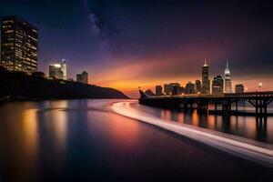 uma grandes exposição fotografia do uma cidade Horizonte às noite. gerado por IA foto