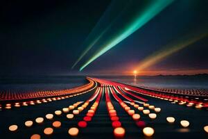 uma grandes exposição fotografia do luzes em a estrada. gerado por IA foto
