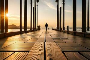 uma homem caminhando em uma de madeira ponte às pôr do sol. gerado por IA foto