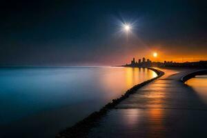 a lua sobe sobre a água e uma cidade Horizonte. gerado por IA foto