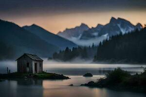 uma pequeno cabine senta em a costa do uma lago cercado de montanhas. gerado por IA foto