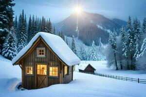 uma pequeno cabine dentro a neve. gerado por IA foto