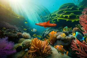 a embaixo da agua cena com coral recifes e peixe. gerado por IA foto