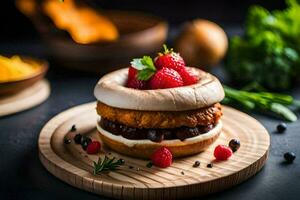 uma Hamburger com bagas e queijo em uma placa. gerado por IA foto