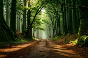 uma sujeira estrada dentro a meio do uma floresta. gerado por IA foto