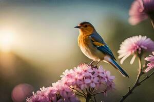 uma pássaro é empoleirado em uma flor dentro a Sol. gerado por IA foto