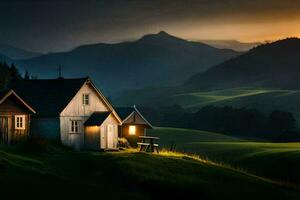 uma pequeno casa dentro a montanhas às pôr do sol. gerado por IA foto