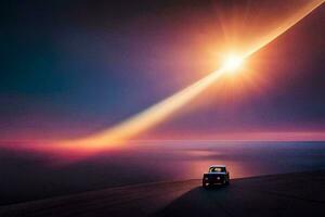 uma carro dirigindo em uma estrada às pôr do sol. gerado por IA foto