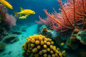 uma coral recife com muitos peixe e corais. gerado por IA foto