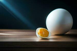 a ovo e uma metade do a ovo em uma mesa. gerado por IA foto