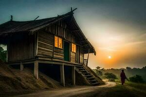 uma homem anda em passado uma cabana às pôr do sol. gerado por IA foto