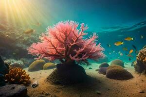 uma coral recife com Rosa mar anêmona e peixe. gerado por IA foto