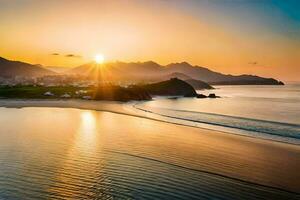 a Sol conjuntos sobre uma de praia e montanhas. gerado por IA foto