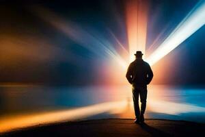uma homem em pé dentro frente do uma luz feixe. gerado por IA foto