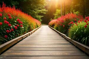 uma de madeira passarela conduz para uma jardim com vermelho flores gerado por IA foto