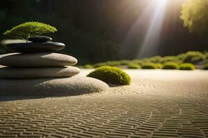 uma zen jardim com pedras e uma árvore. gerado por IA foto