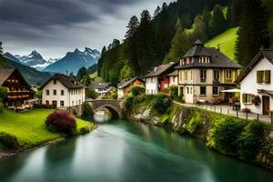 foto papel de parede montanhas, rio, casas, a Vila, Suíça, a Alpes, sw. gerado por IA