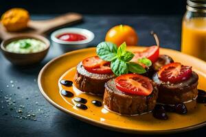 uma prato com carne, tomates e molho em isto. gerado por IA foto