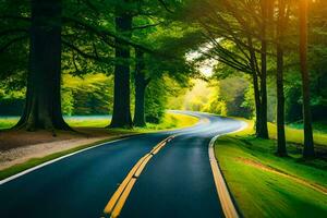 uma estrada dentro a madeiras com árvores e grama. gerado por IA foto