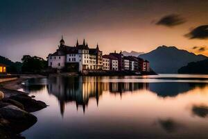 uma lindo pôr do sol sobre uma lago com uma castelo dentro a fundo. gerado por IA foto