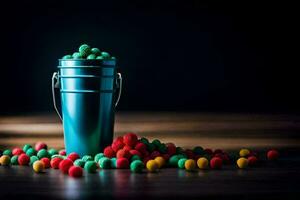 uma balde preenchidas com colorida doce. gerado por IA foto