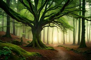 uma caminho através uma floresta com uma árvore dentro a meio. gerado por IA foto