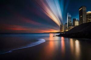 uma cidade Horizonte às noite com grandes exposição. gerado por IA foto