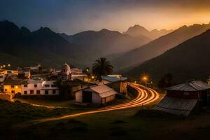 uma Vila dentro a montanhas às pôr do sol. gerado por IA foto