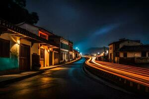 uma rua às noite com luz trilhas. gerado por IA foto