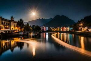 a lua é brilhando sobre uma rio dentro a meio do uma cidade. gerado por IA foto