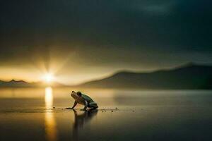 uma rã sentado em a costa às pôr do sol. gerado por IA foto