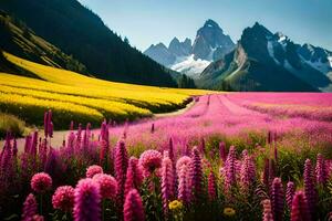 uma campo do Rosa flores e montanhas dentro a fundo. gerado por IA foto