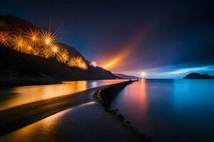 fogos de artifício sobre a oceano às noite. gerado por IA foto