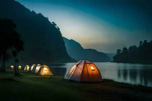 foto papel de parede a céu, montanhas, árvores, lago, rio, noite, acampamento, tendas,. gerado por IA