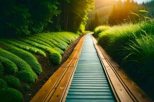 uma de madeira caminho dentro a meio do uma exuberante verde campo. gerado por IA foto