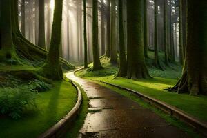 uma caminho através uma floresta com árvores e grama. gerado por IA foto