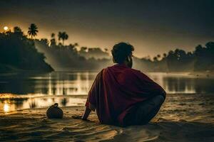 uma homem sentado em a de praia às pôr do sol. gerado por IA foto