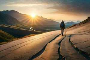 uma homem caminhando em uma caminho dentro a montanhas. gerado por IA foto