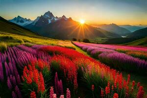 a Sol sobe sobre uma campo do colorida flores gerado por IA foto