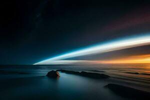 uma grandes exposição fotografia do uma pôr do sol sobre a oceano. gerado por IA foto