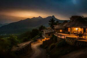 uma cabana senta em a lado do uma montanha às crepúsculo. gerado por IA foto