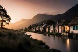 foto papel de parede a céu, água, montanhas, rio, casas, a sol, pôr do sol, o. gerado por IA